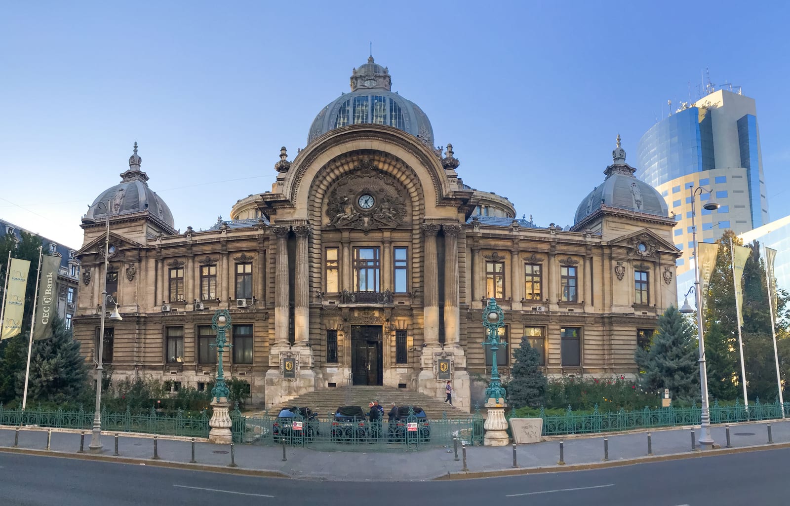 The domed Belle Époque front facade of the CEC Palace on Calea Victoriei, Bucharest