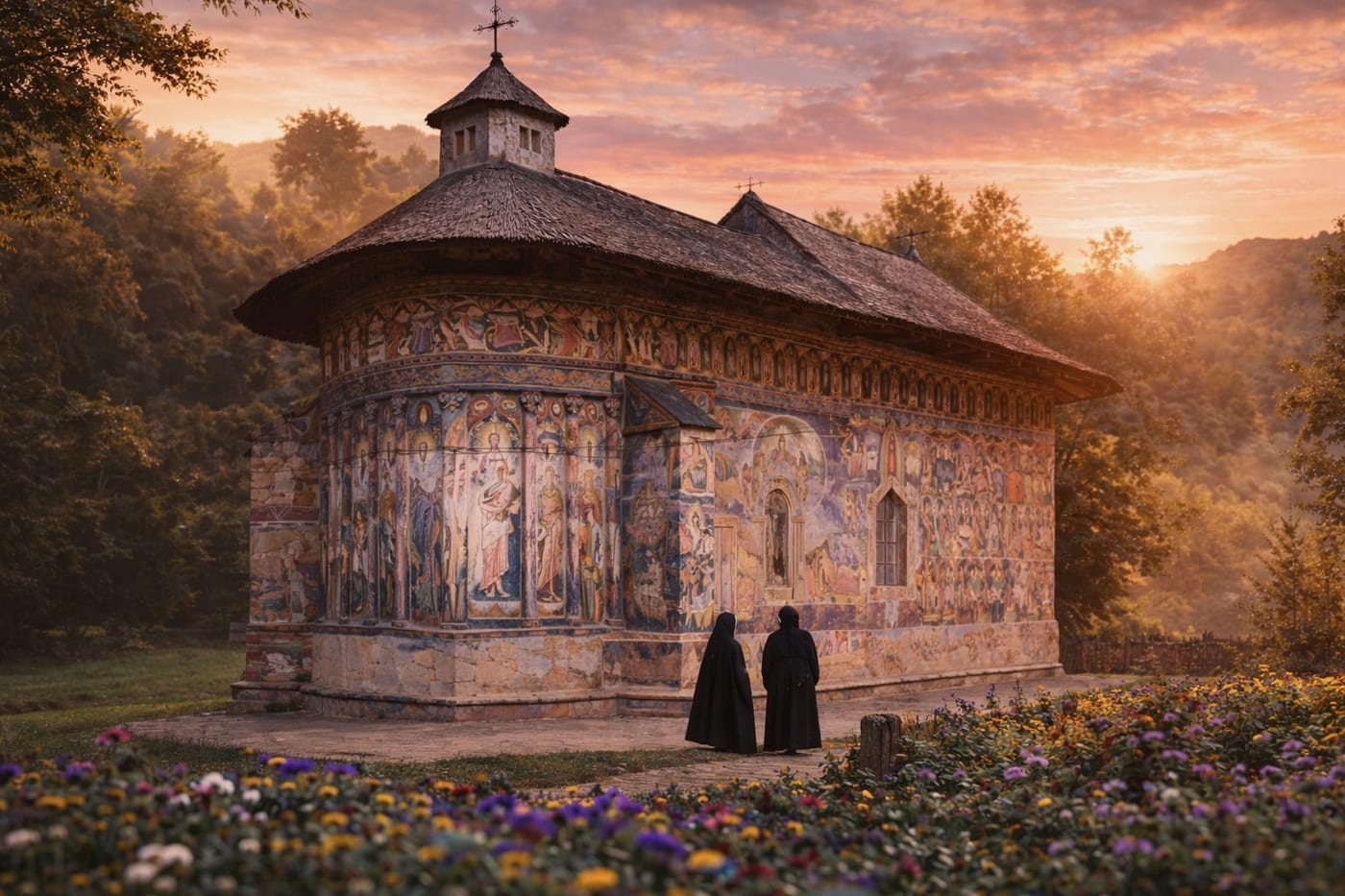 Bucovina monastery landscape and village setting