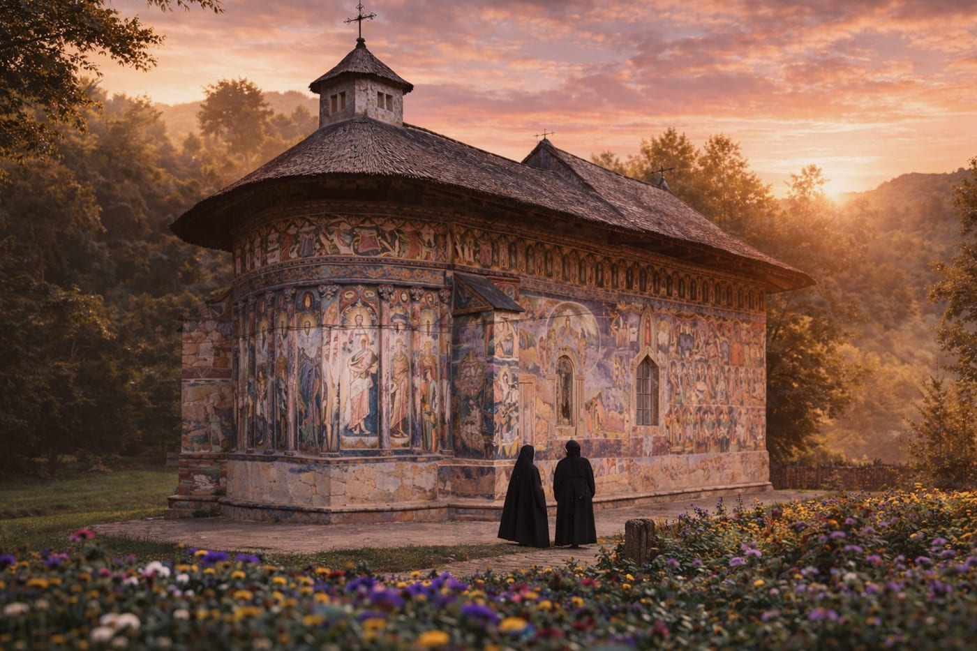 Painted monastery exterior in Bucovina at golden hour