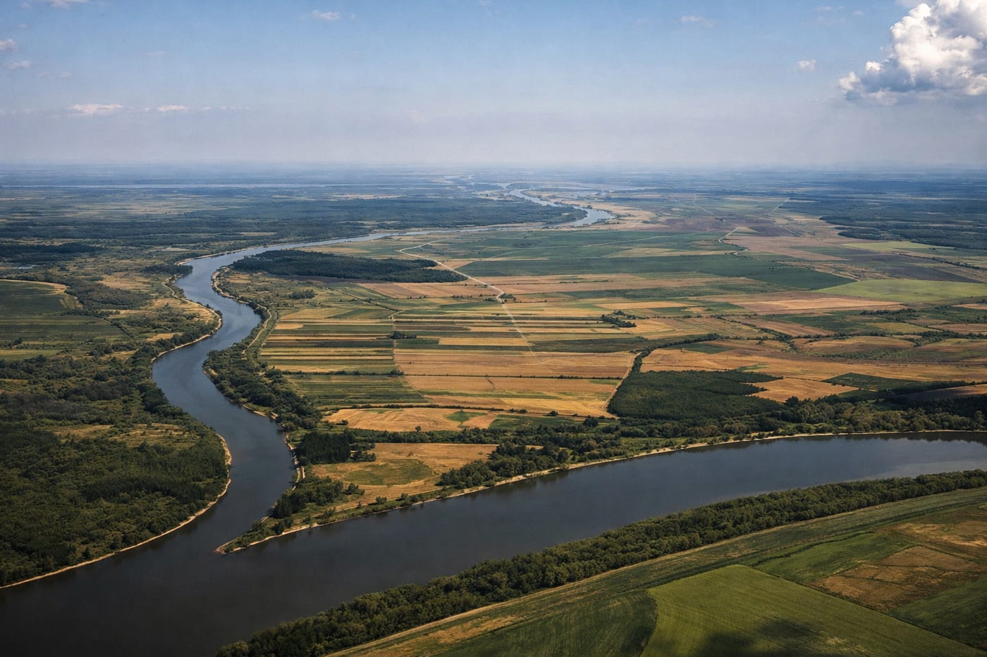 Aerial view of the Danube winding through the delta's wetlands and farmland