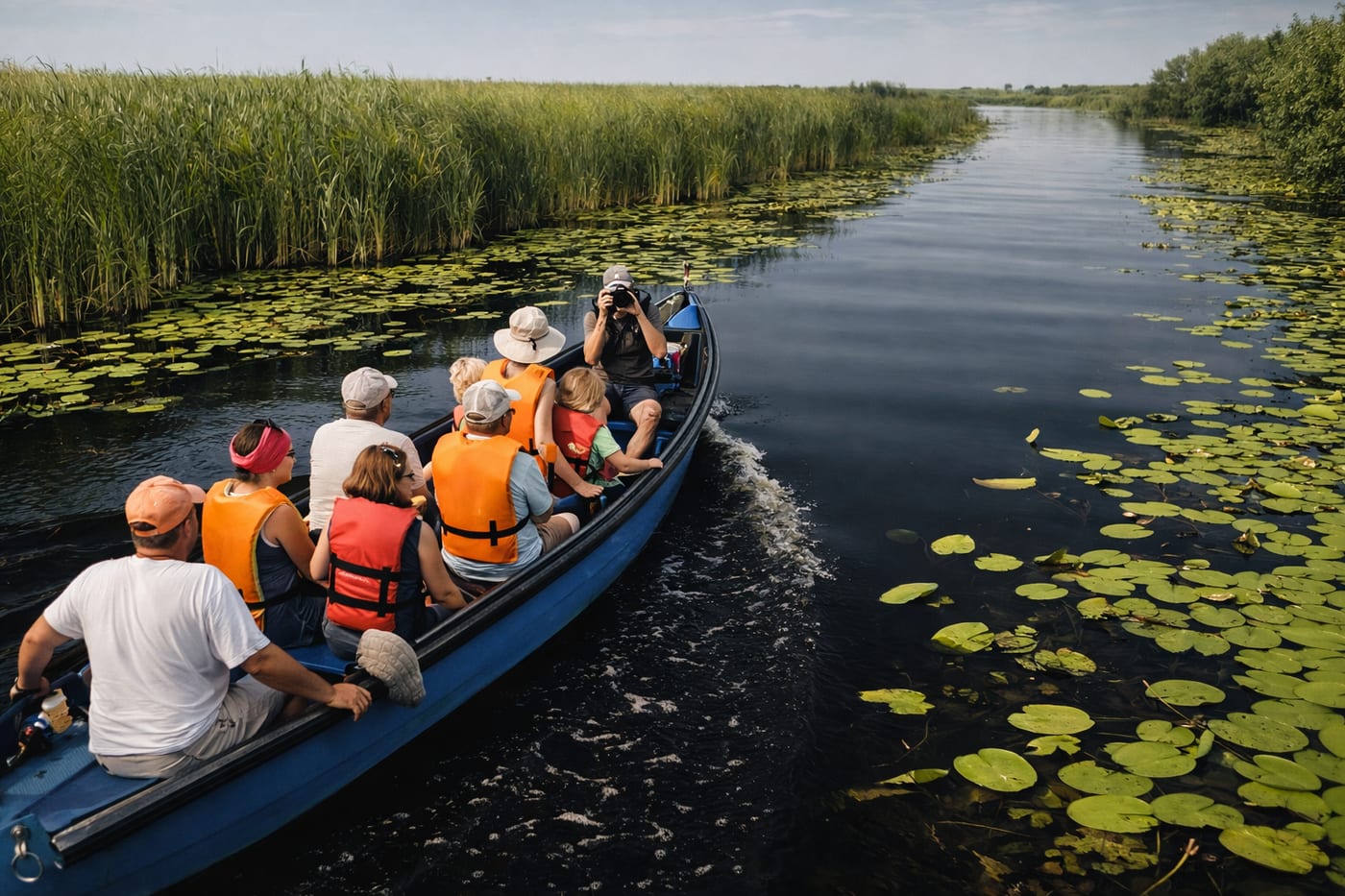 Visitors in life jackets on a small boat tour through the Danube Delta's reed channels
