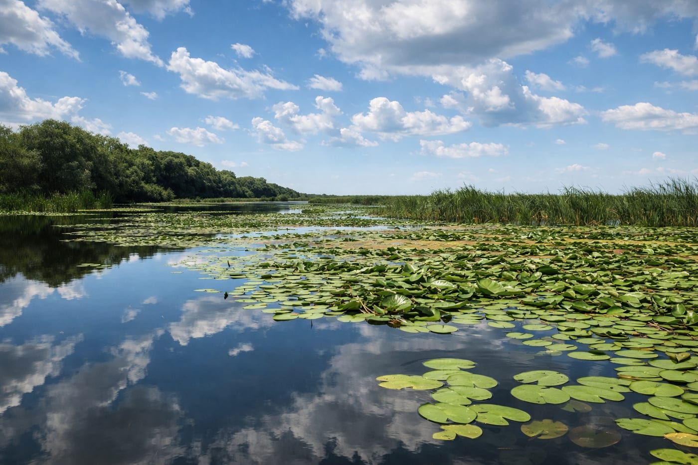 Water lilies covering a still Danube Delta channel under a partly cloudy sky
