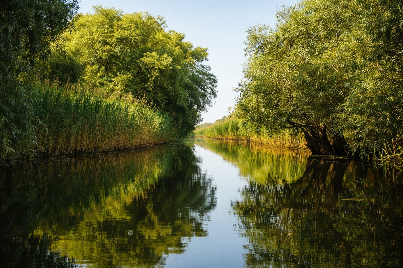 A narrow willow-lined channel in the Danube Delta reflecting the trees and sky