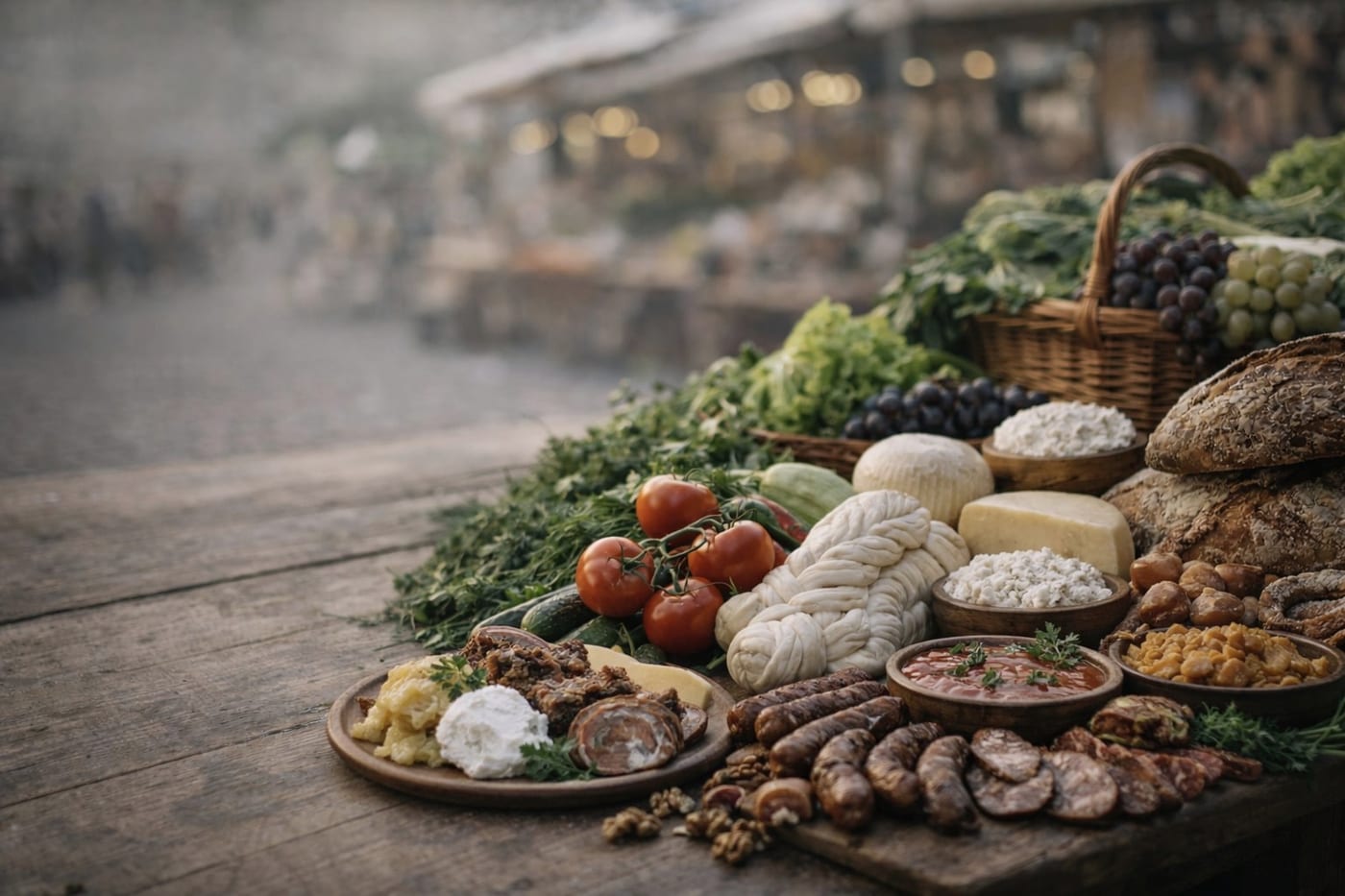Romanian market spread of cheese, sausage, bread and fresh produce