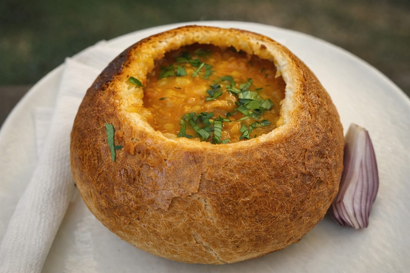 A round loaf hollowed into a bread bowl, filled with hearty lentil soup and garnished with herbs