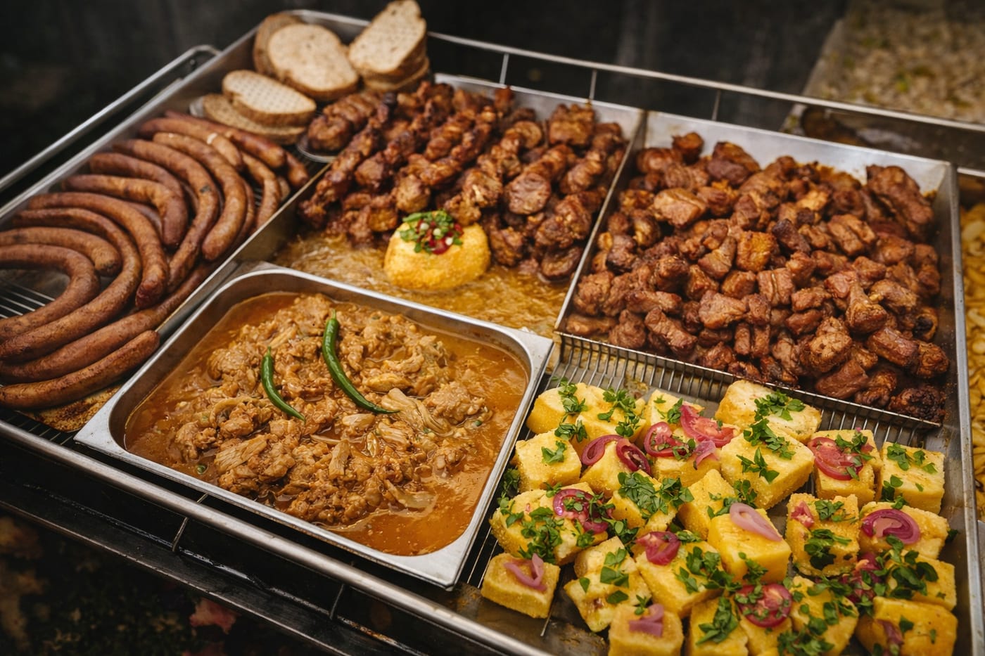 Grilled sausages, pork skewers, and polenta bites laid out at a Romanian street food stall