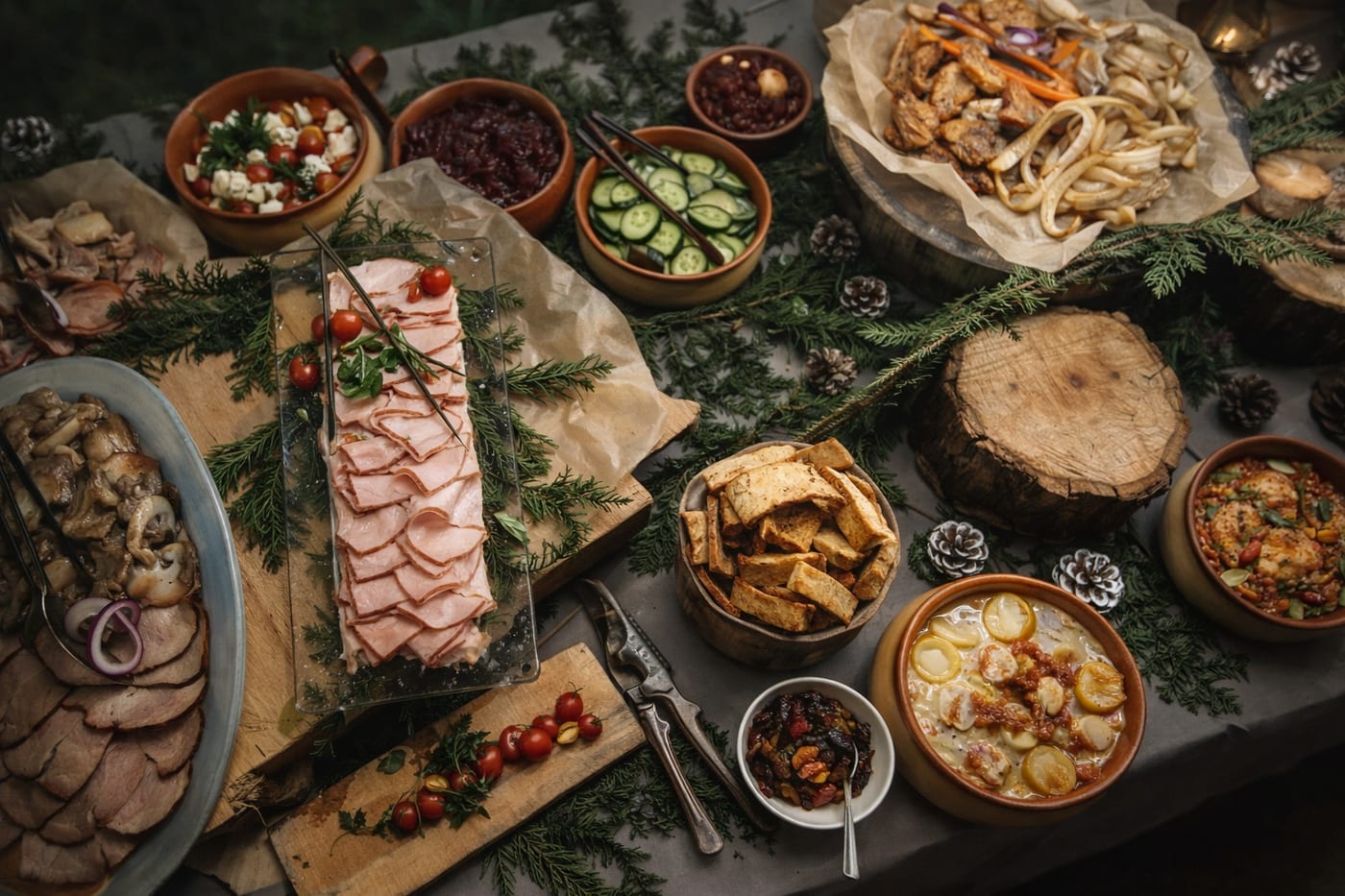 A festive spread of cold cuts, pickles, and traditional dishes on a rustic table