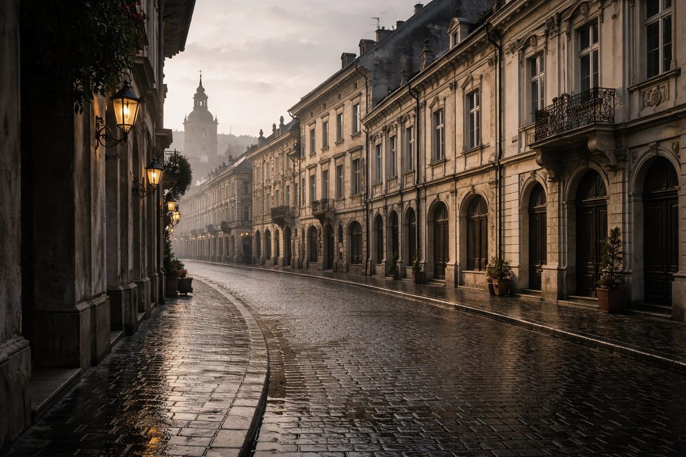 Cobblestone street in a Transylvanian old town at dawn
