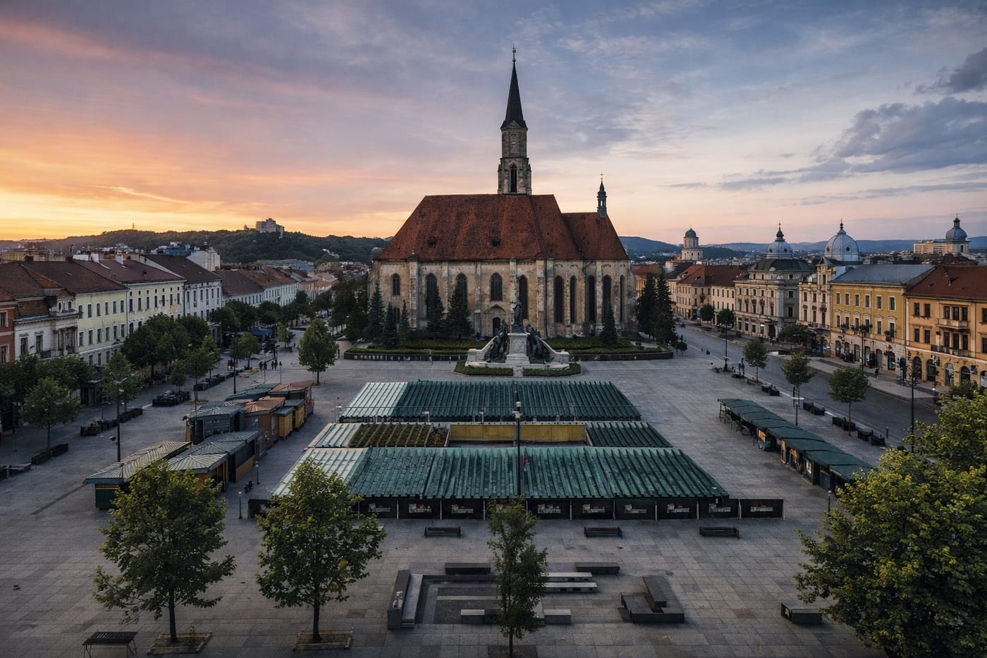 A Transylvanian old town square at dusk, with a Gothic church spire and market stalls