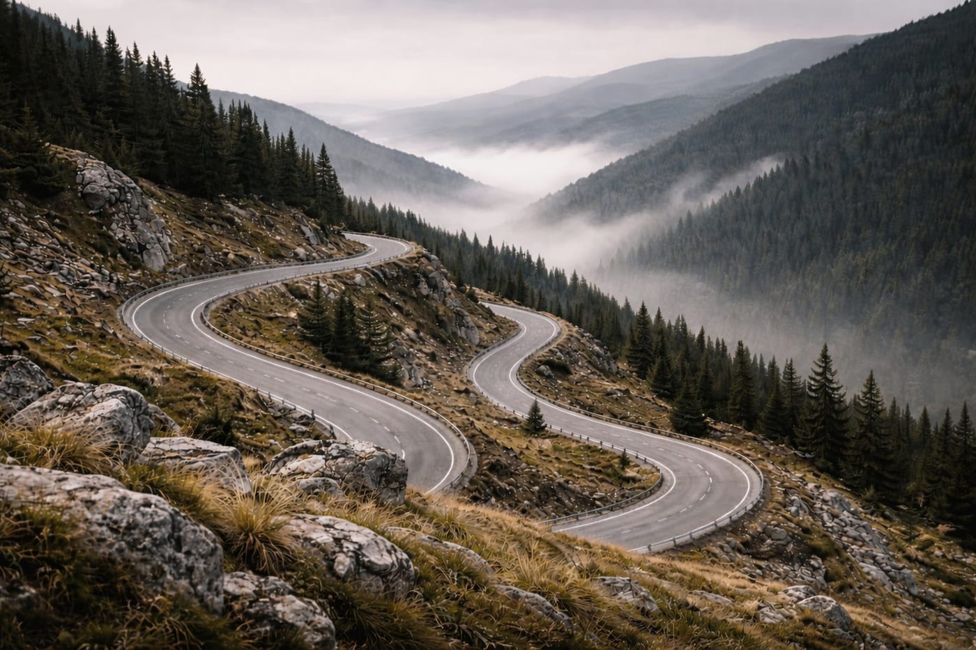 Winding mountain road through misty Carpathian forest
