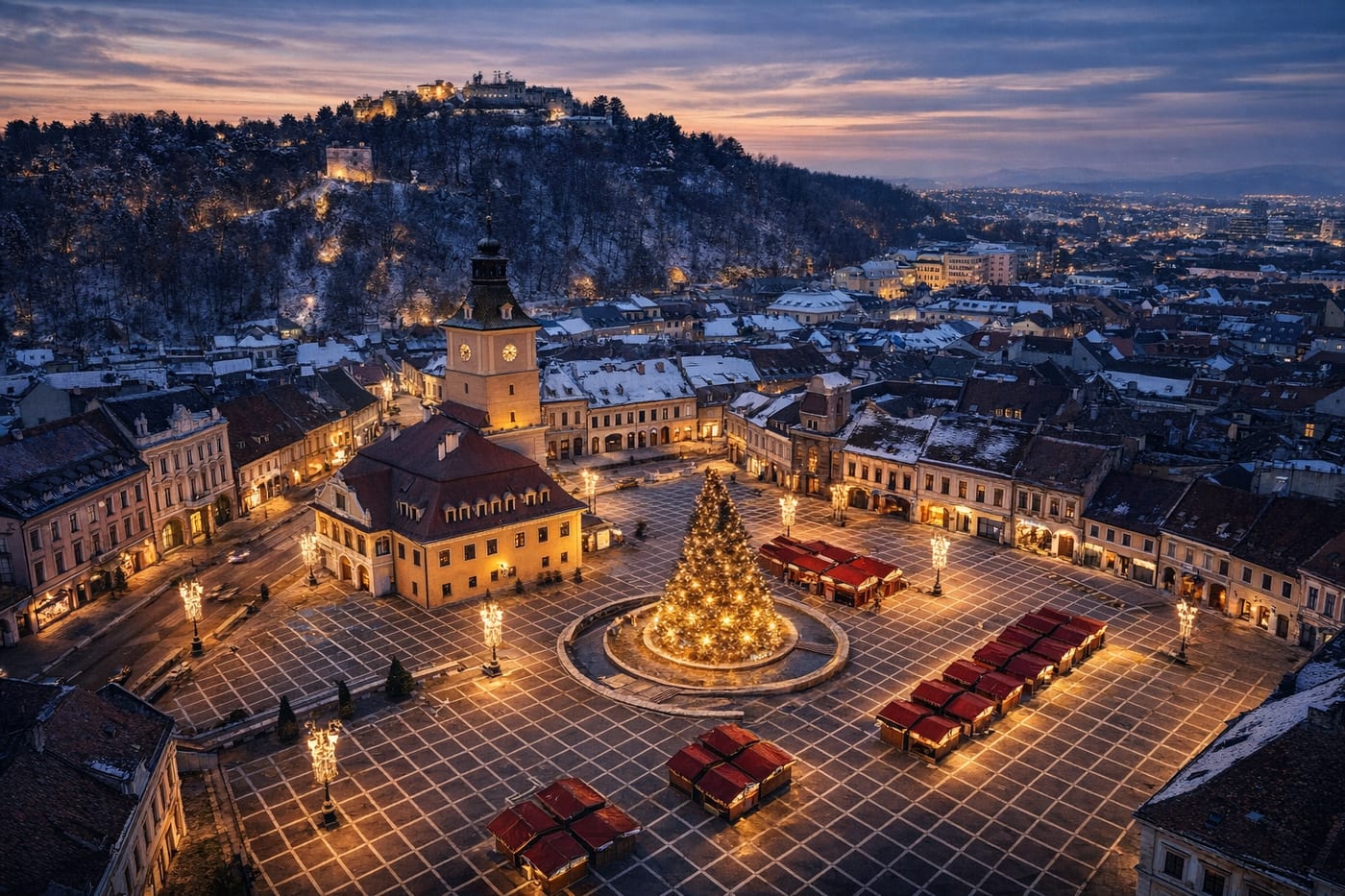 Brașov's Council Square lit up at dusk with a Christmas tree and market stalls, Tâmpa mountain behind