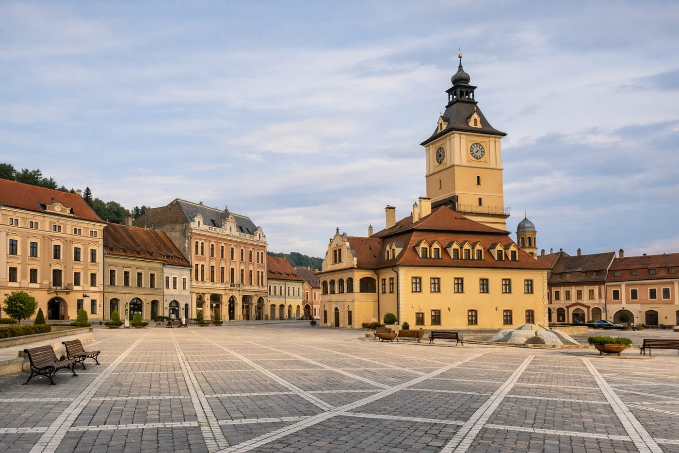 Brașov's Council Square and the Council House clock tower on a clear day