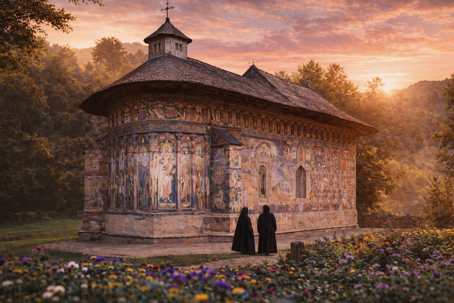 Painted monastery in Bucovina, northern Romania