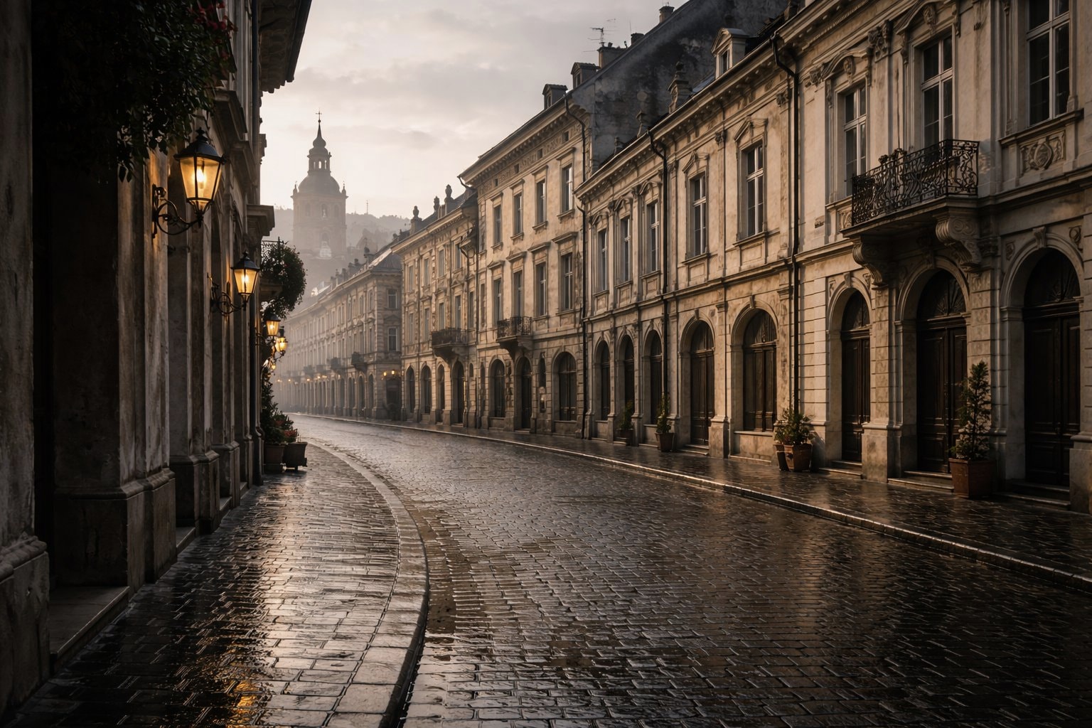 Historic old town square with colorful facades in Romania